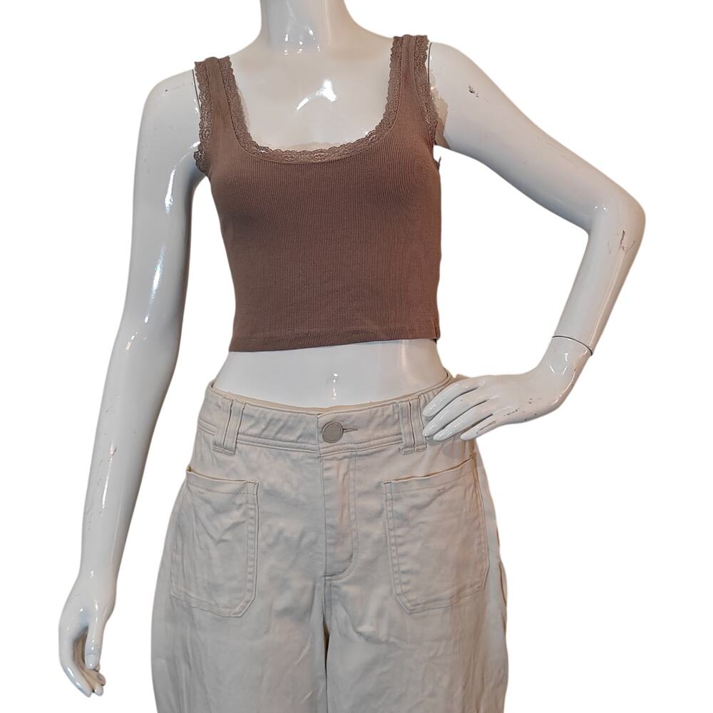 Garage Ribbed Lace Trim Crop Tank Top Brown Y2K Stretch Cami Small
